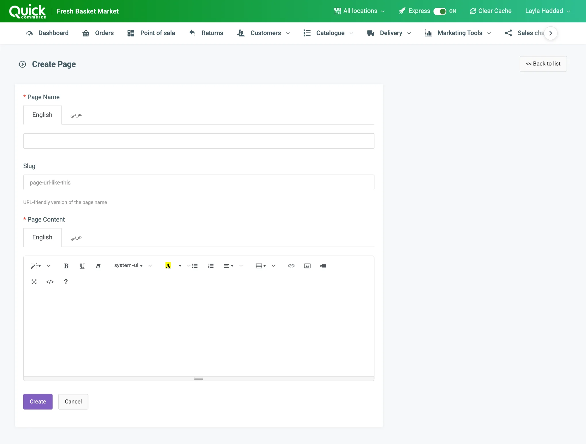 The Create Page form with the Slug field, the Page Content editor, the Search engines block and the Share image field numbered
