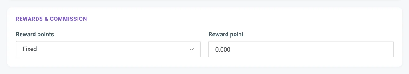 The Rewards and commission card on the product page, with the Reward points list and the Reward point field numbered
