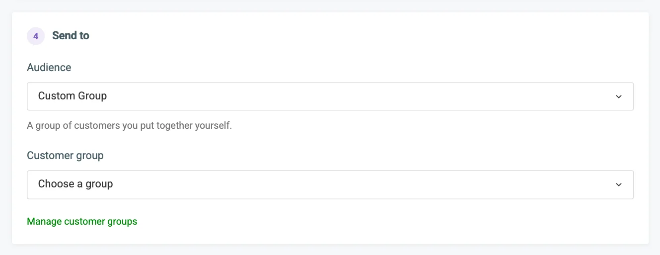 The Send to card with the Audience list, its explanation and the customer group picker numbered