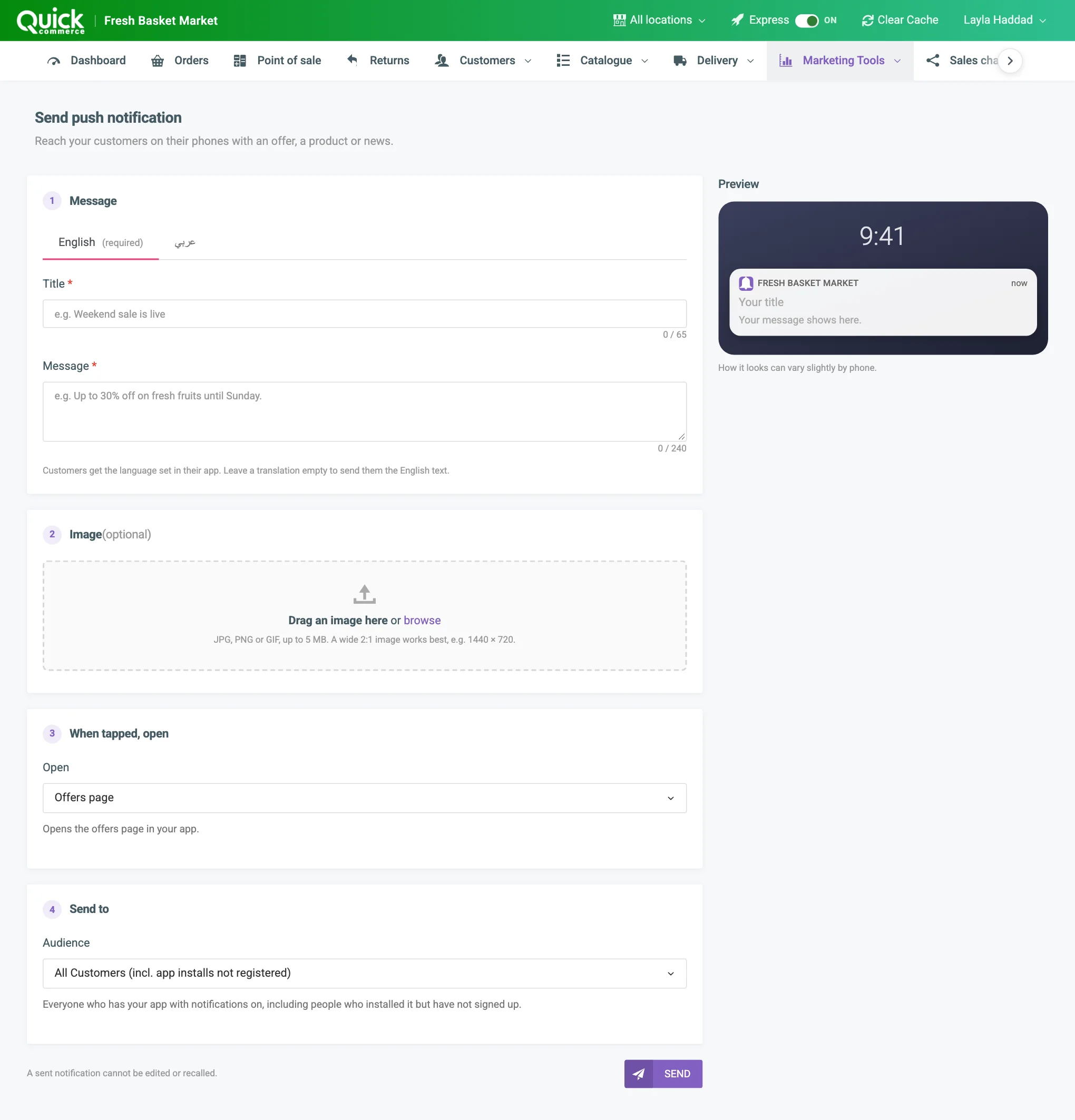 The Send push notification form with the title, message, image, tap action, audience, preview and send button numbered