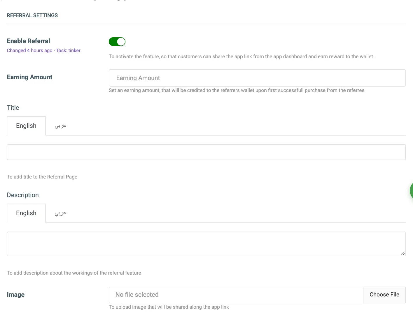 The Referral Settings tab
