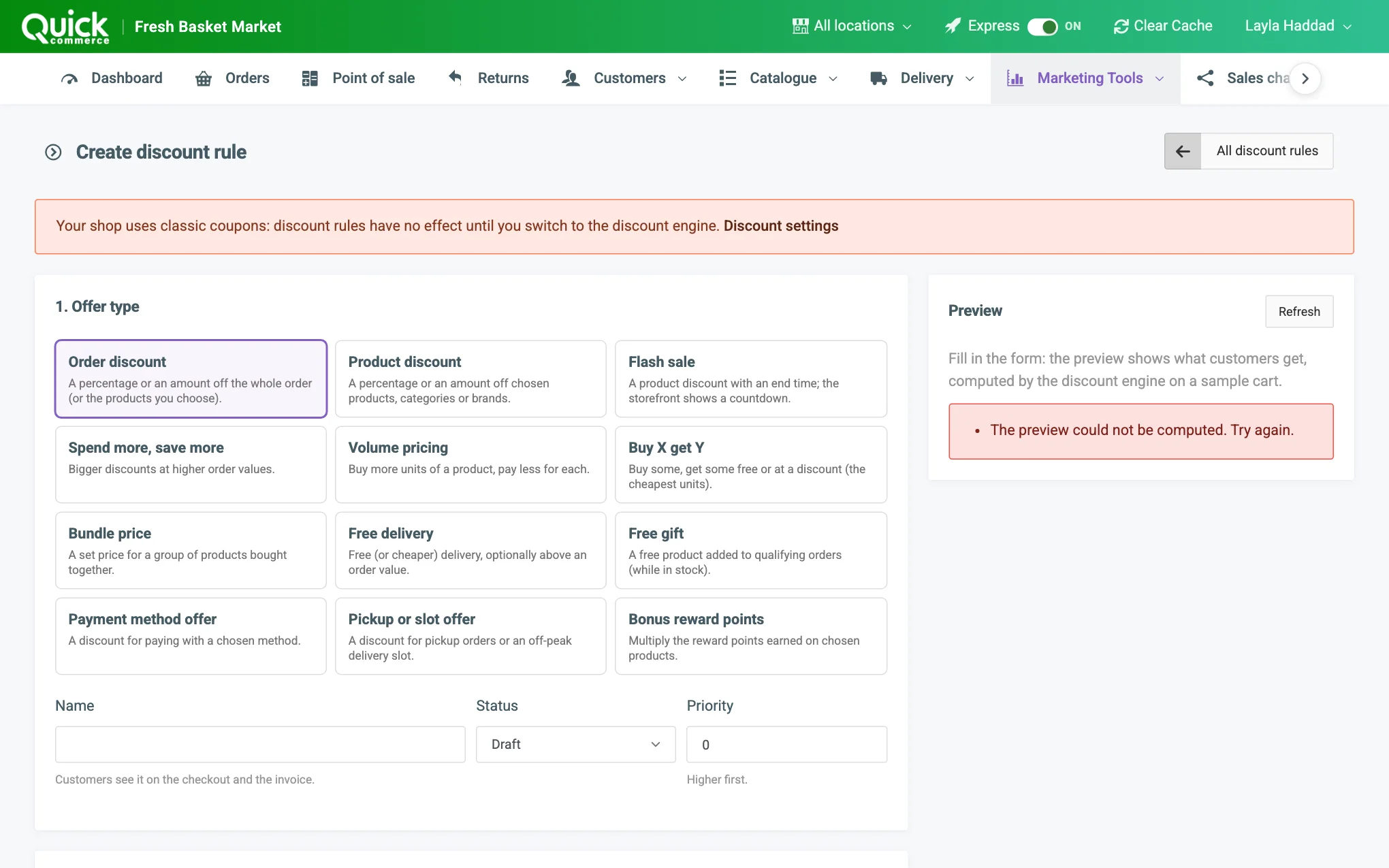 The rule builder: offer type cards, Name, Status and Priority on the left, the Preview on the right