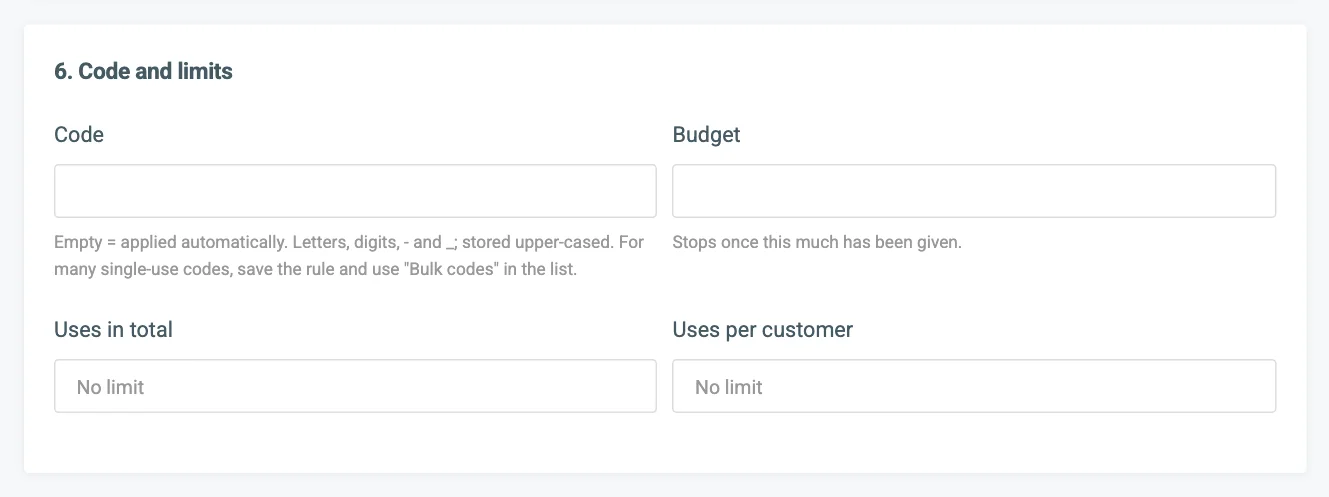 Card 6, Code and limits, with Code, Budget, Uses in total and Uses per customer