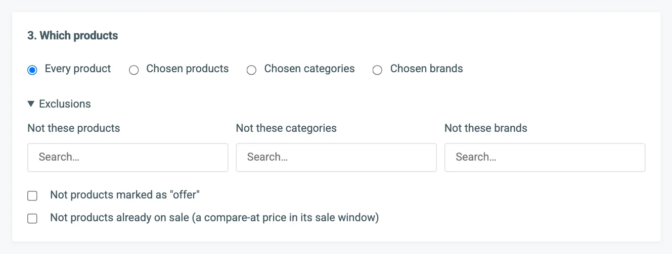 Card 3, Which products, with the scope choices and the Exclusions panel open