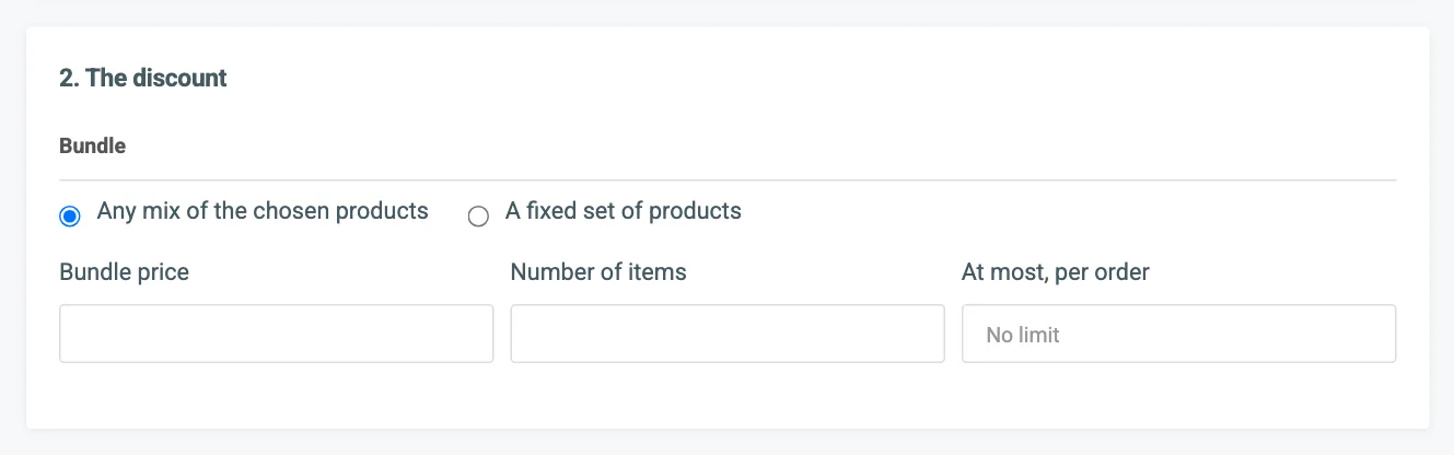 Card 2 for a Bundle price with the two bundle modes, Bundle price, Number of items and At most, per order