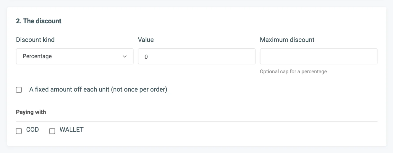Card 2 for a Payment method offer with the discount fields and the Paying with tick boxes
