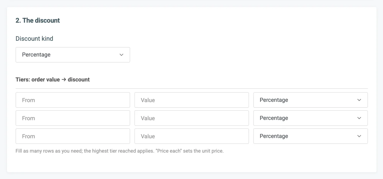 Card 2 for Spend more, save more with three tier rows: From, Value and Discount kind