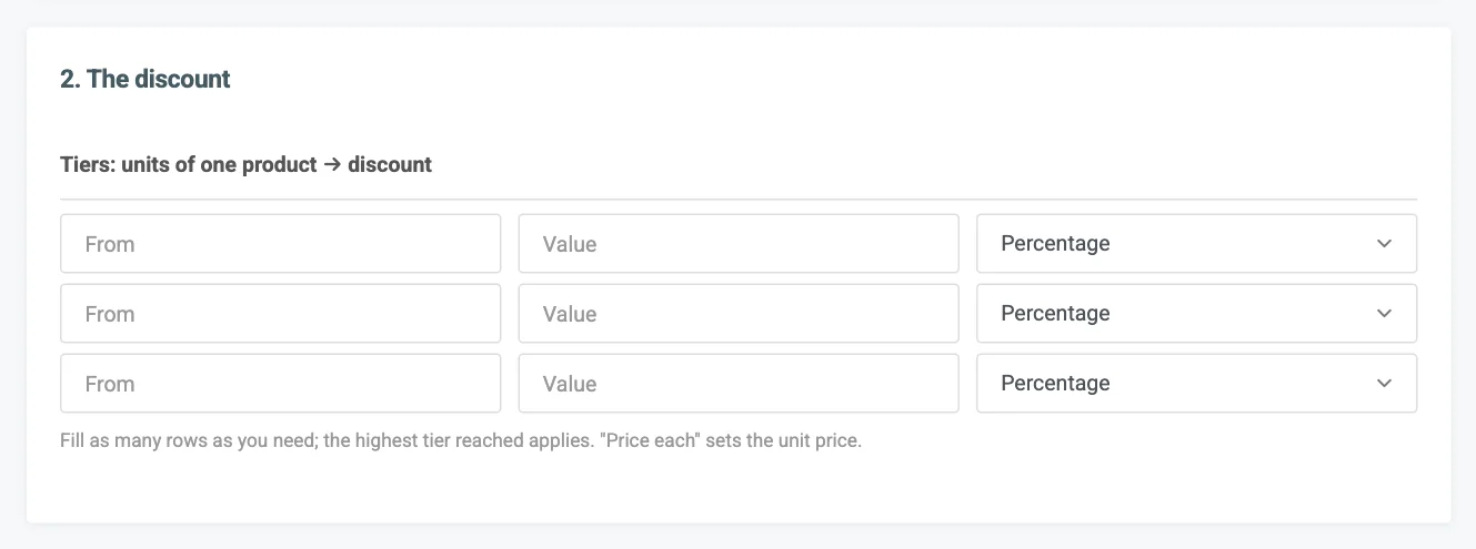 Card 2 for Volume pricing with three tier rows and the Price each option