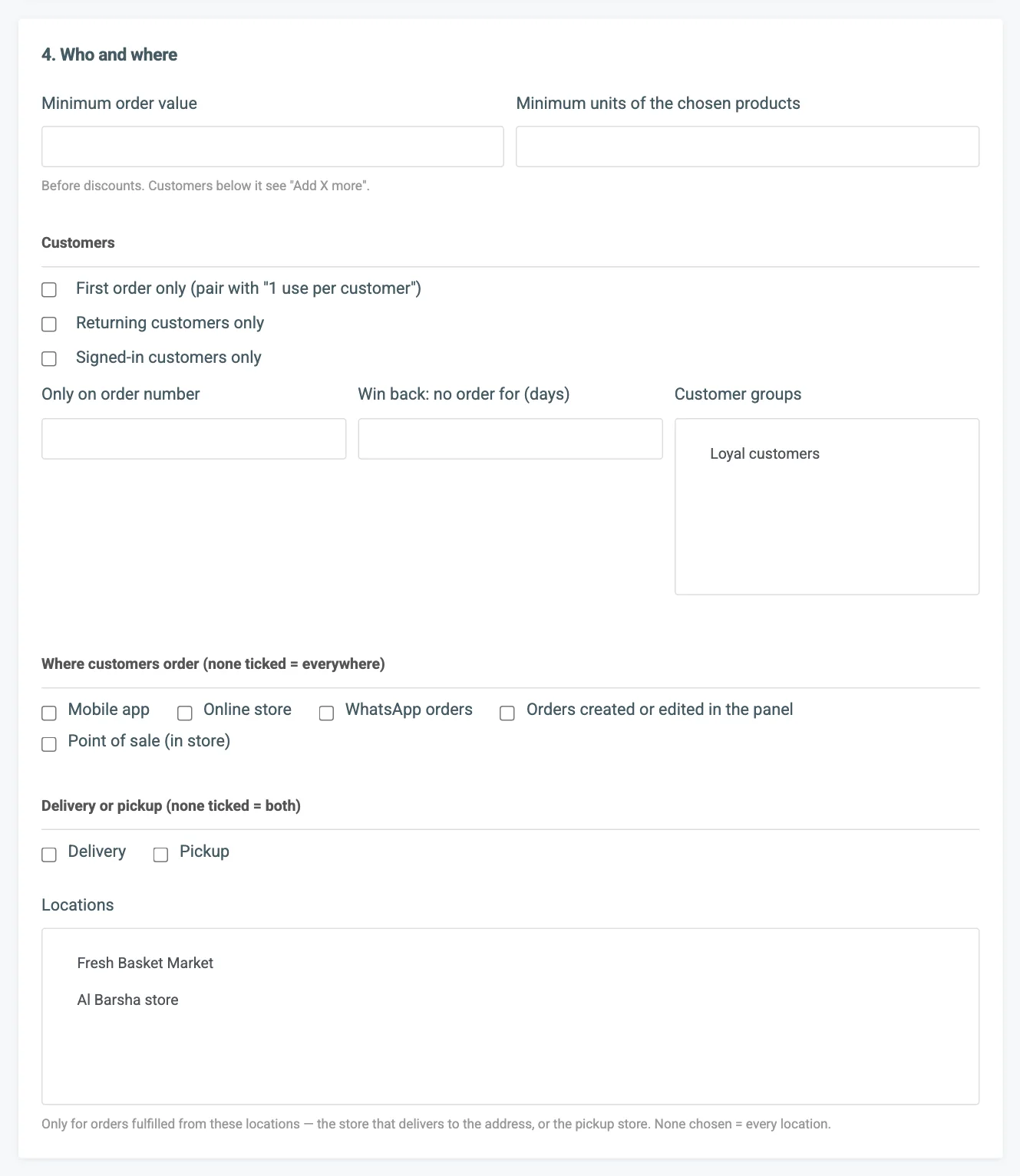 Card 4, Who and where, with minimums, customer conditions, channels and delivery type