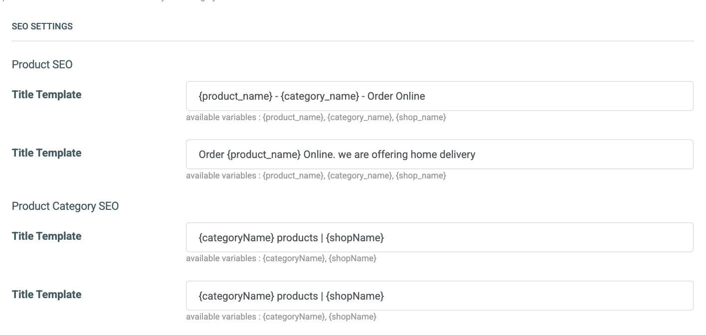 The SEO Settings tab with the Product SEO and Product Category SEO groups