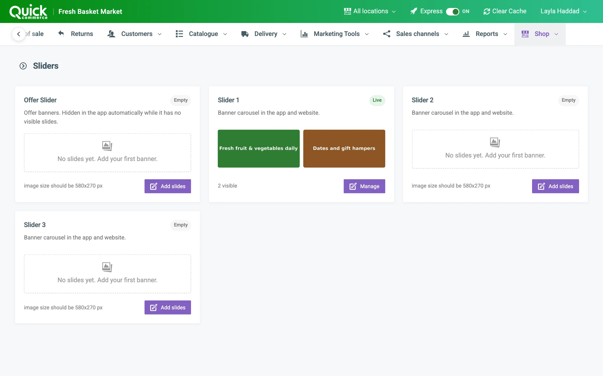 The Sliders page with a slider card's status badge, slide previews, slide count and Manage button numbered