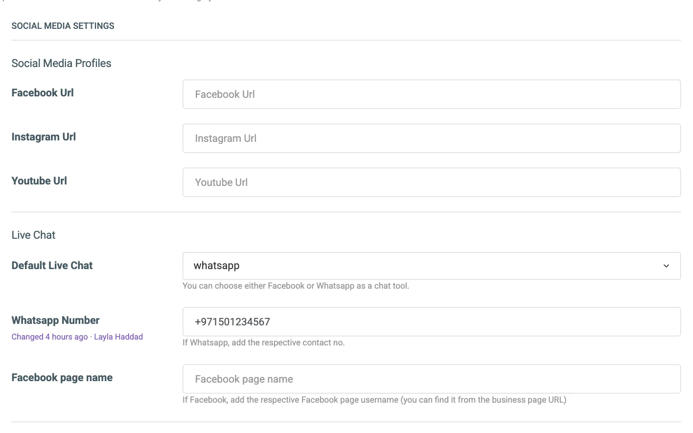 The Social Media Settings tab with the Social Media Profiles and Live Chat groups