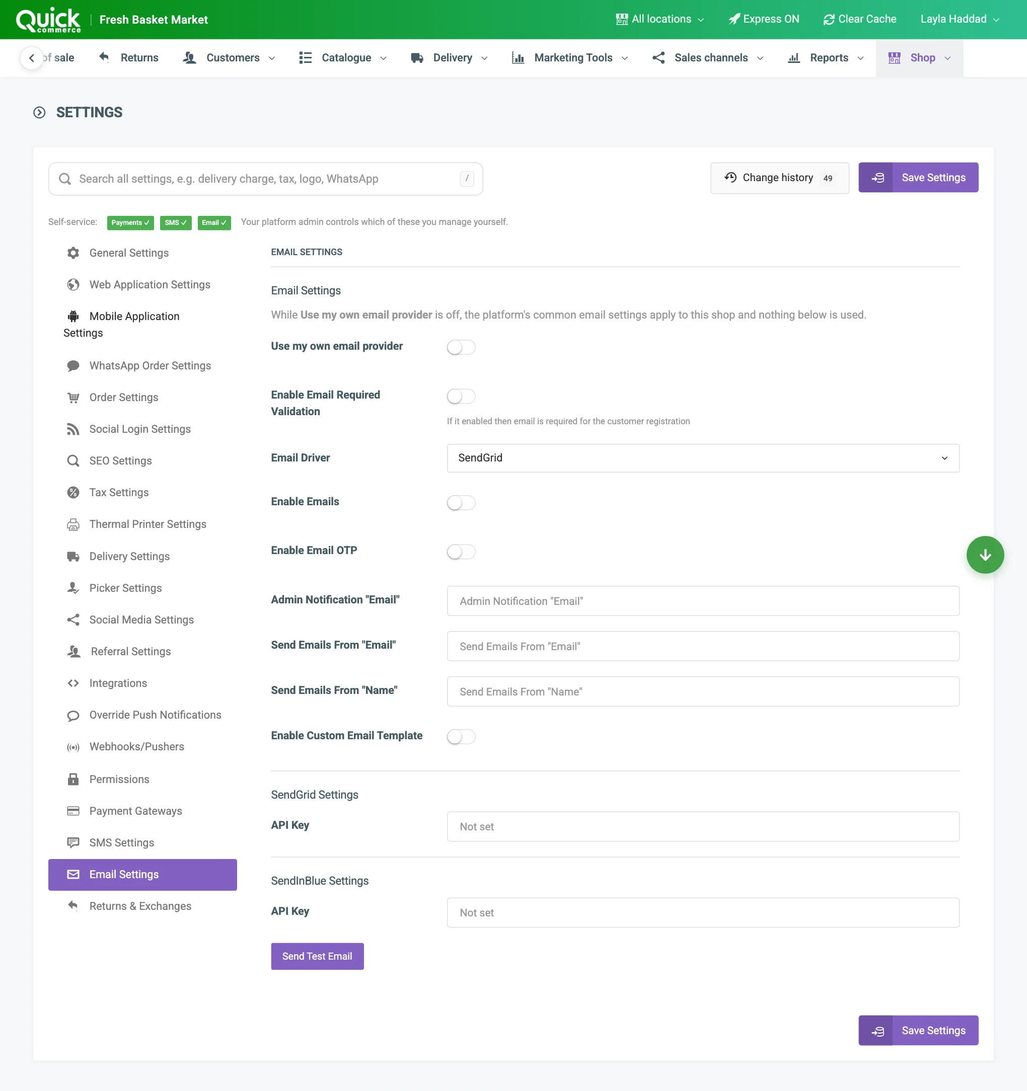The Email Settings tab with the own-provider switch, driver, Enable Emails, the sender fields, the provider keys and the test button numbered