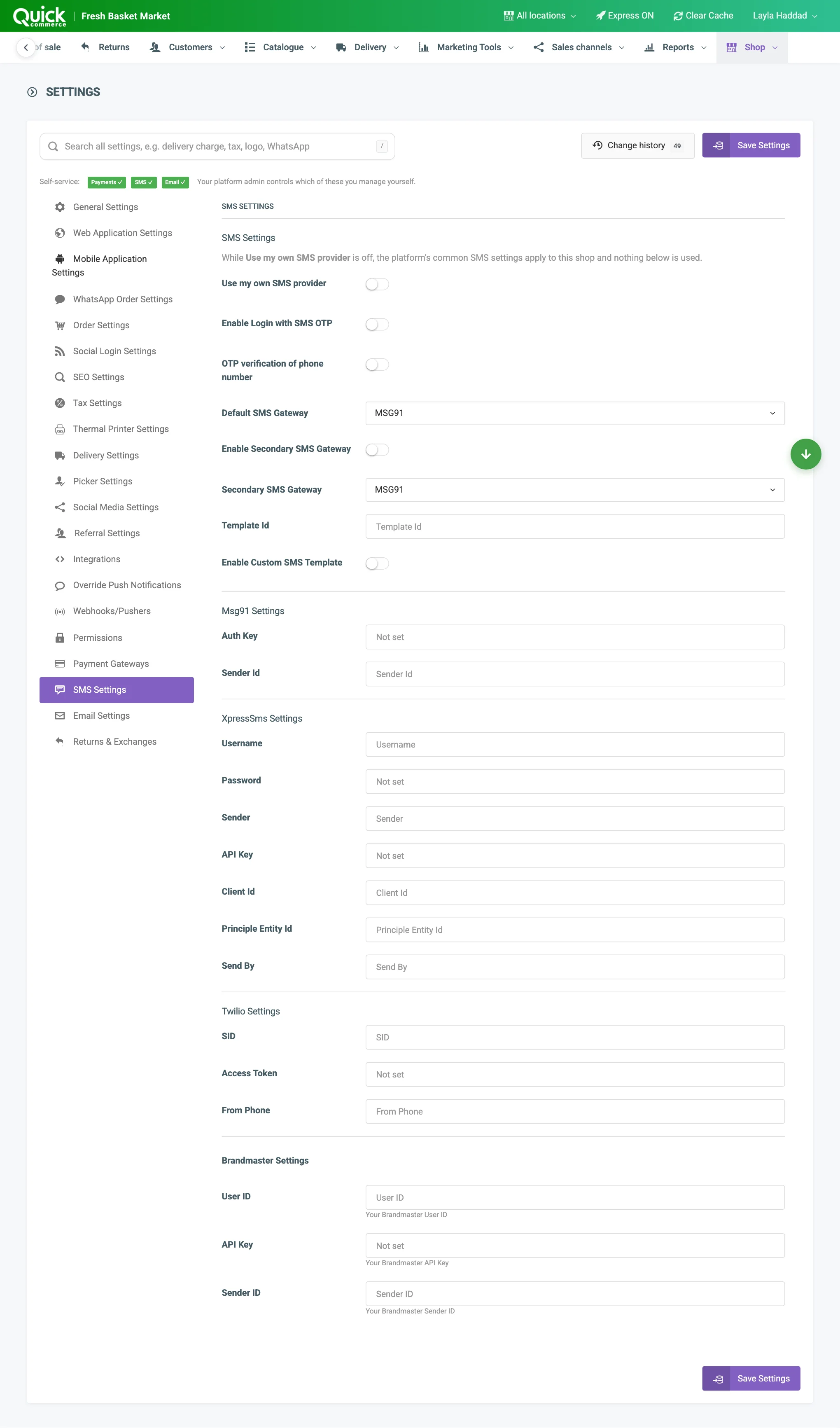 The provider blocks on the SMS Settings tab: Msg91, XpressSms, Twilio and Brandmaster