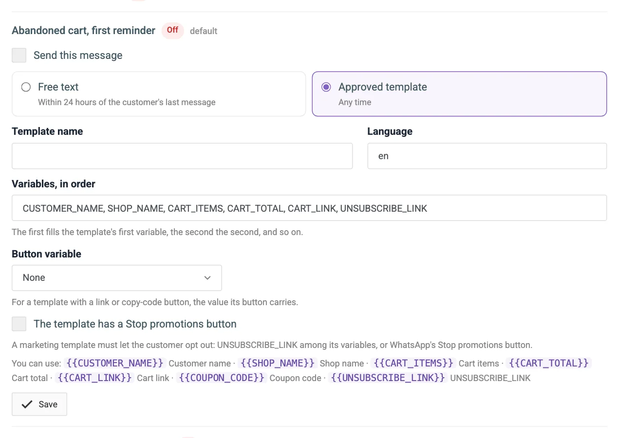 A message opened in Approved template mode, with the template name, language, variables, button variable and Stop promotions tick box numbered