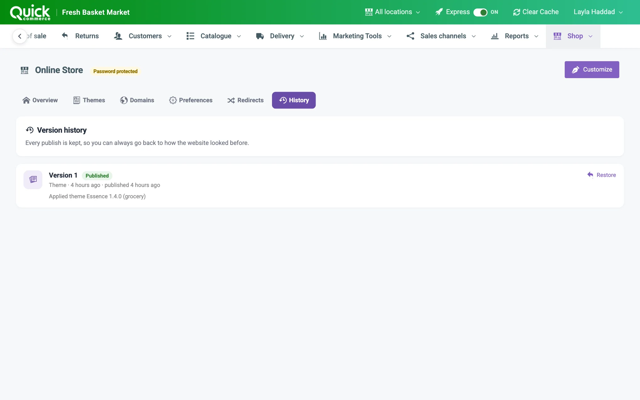 The History page with the version list and the Restore link numbered