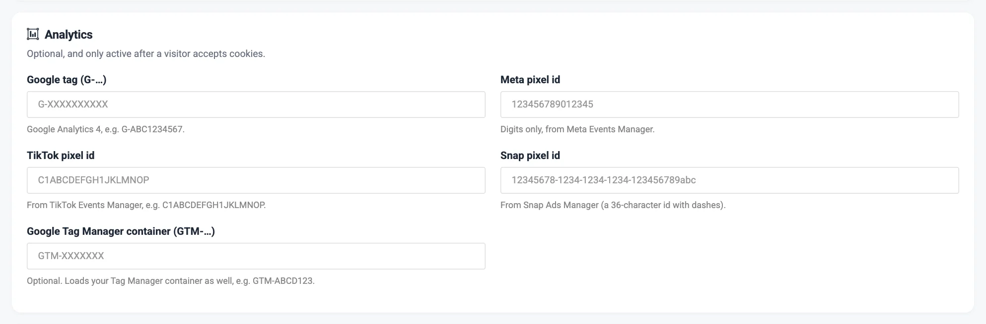 The Analytics card with the Google tag, Meta pixel, Tag Manager container, cookie consent, payment pages and the analytics-only box numbered