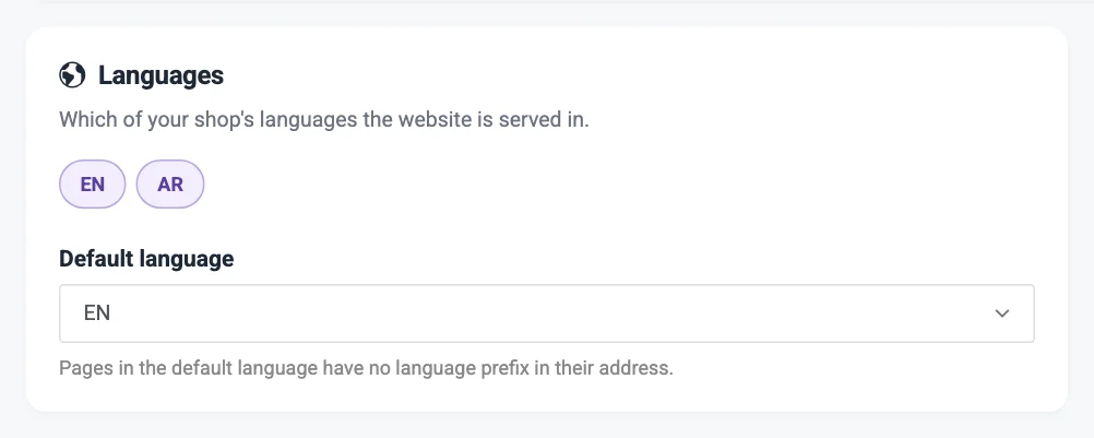 The Languages card in Preferences with the language chips and the default language