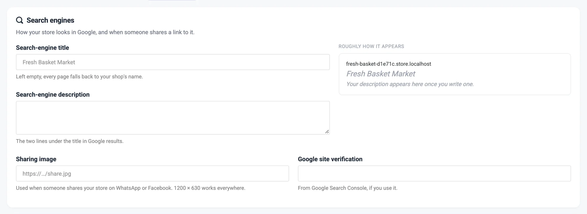 The Search engines card with the title, the description, the preview and the sharing image numbered