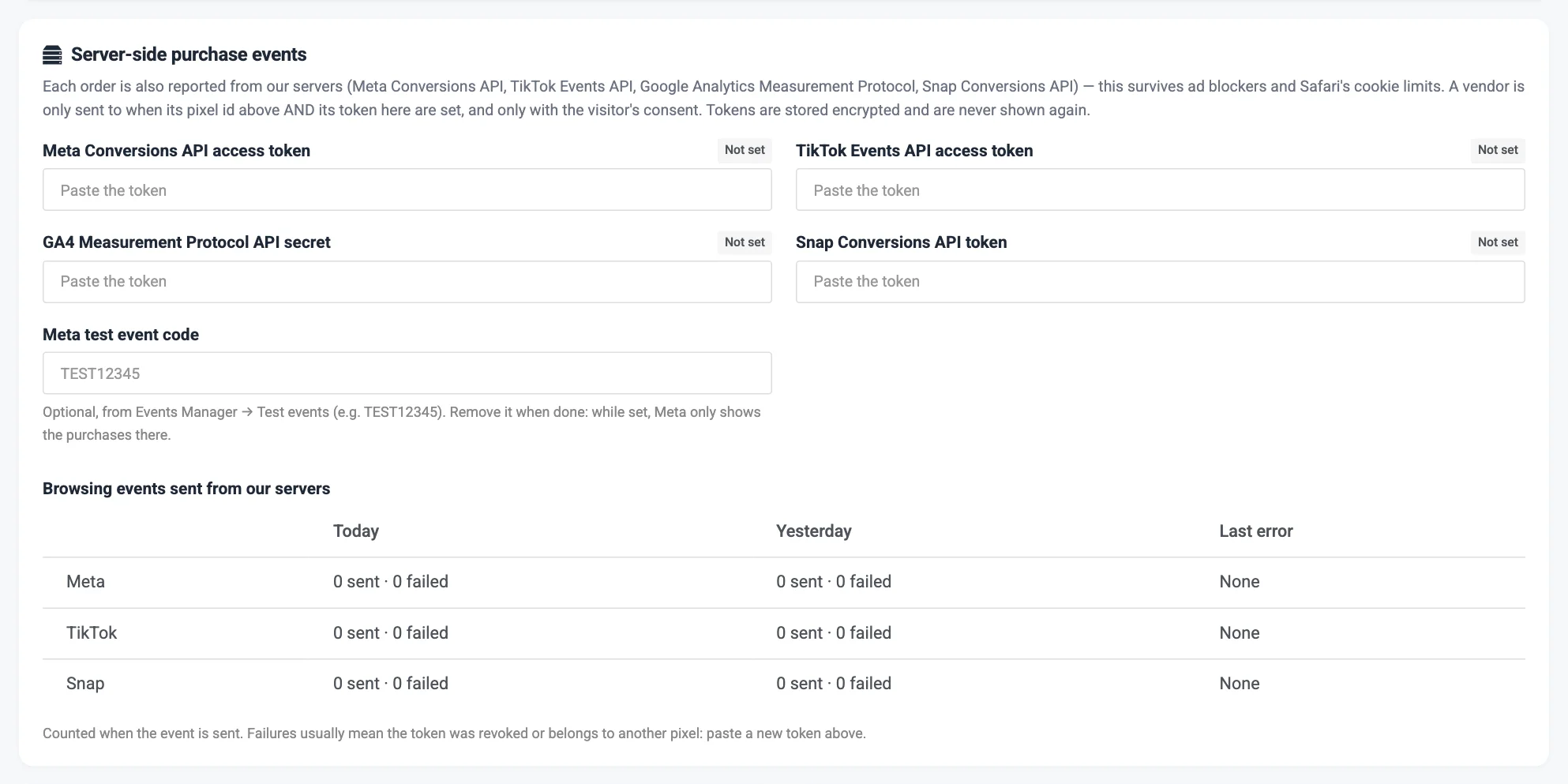 The Server-side purchase events card with the four token fields