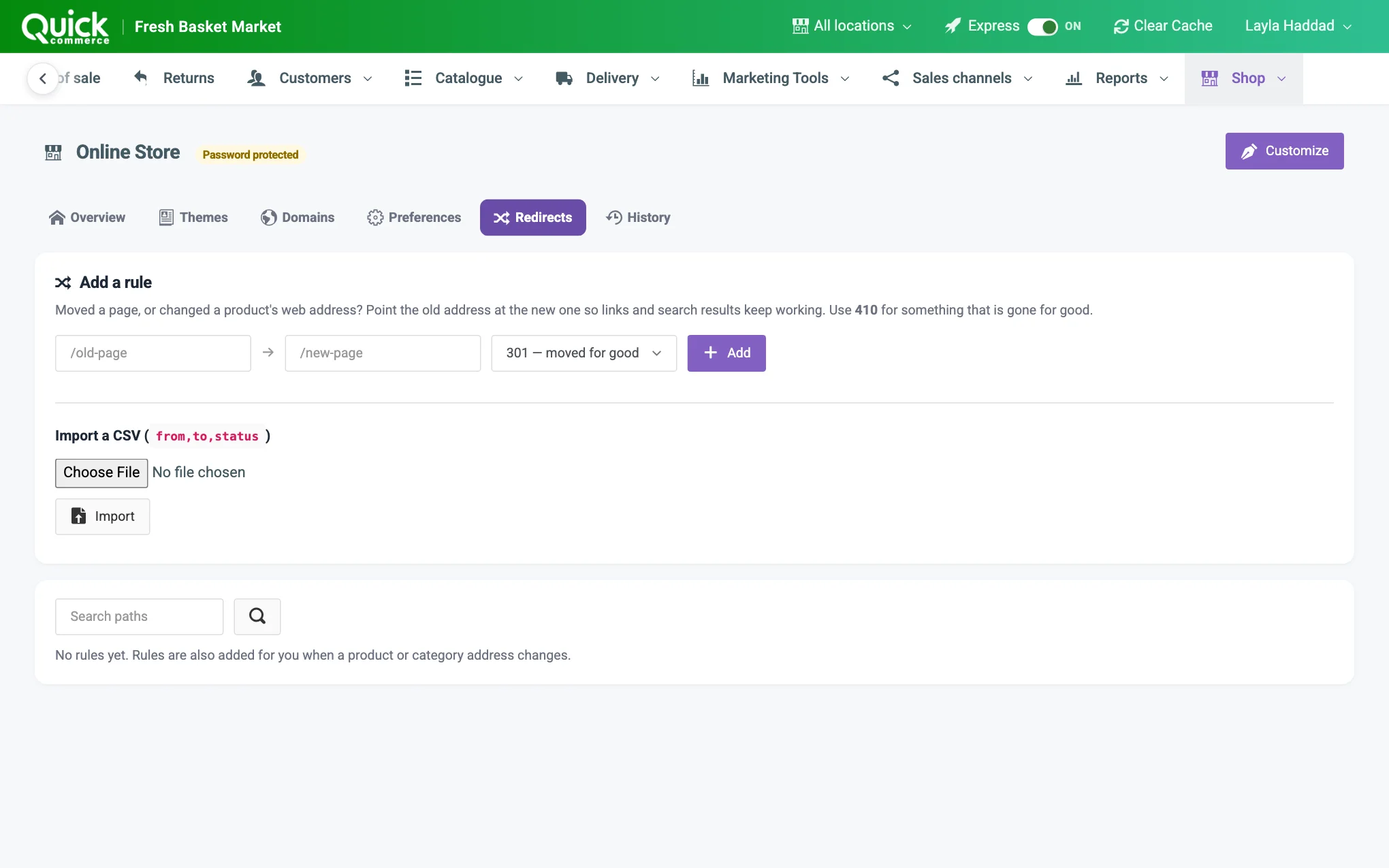 The Redirects page with the old path, the new path, the type, the CSV import and the search numbered
