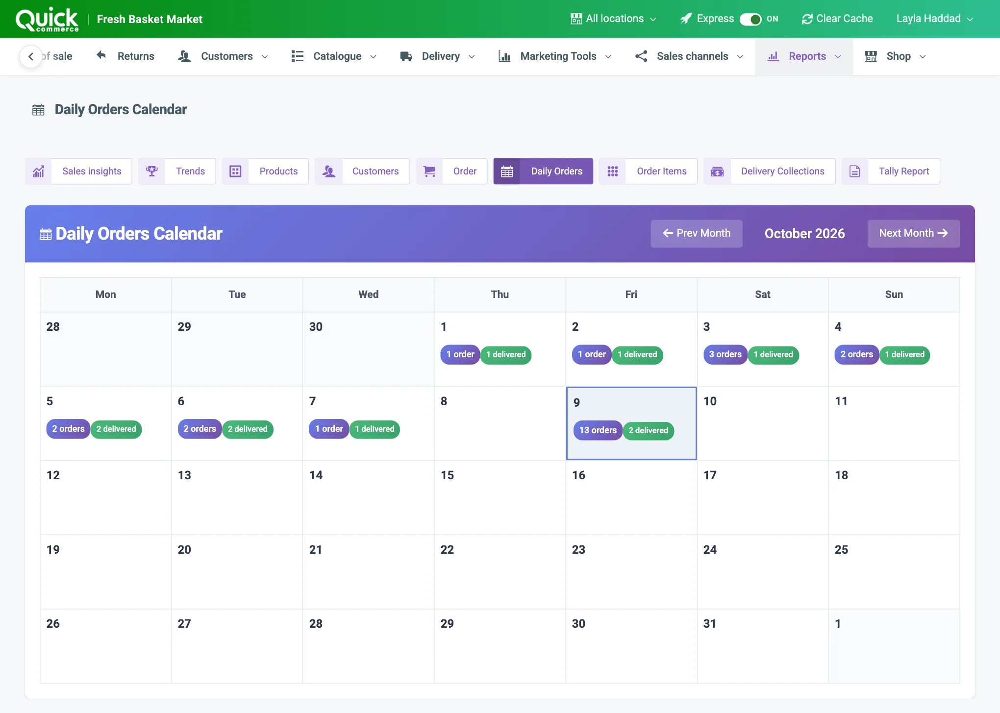 The Daily Orders Calendar with a month of order counts