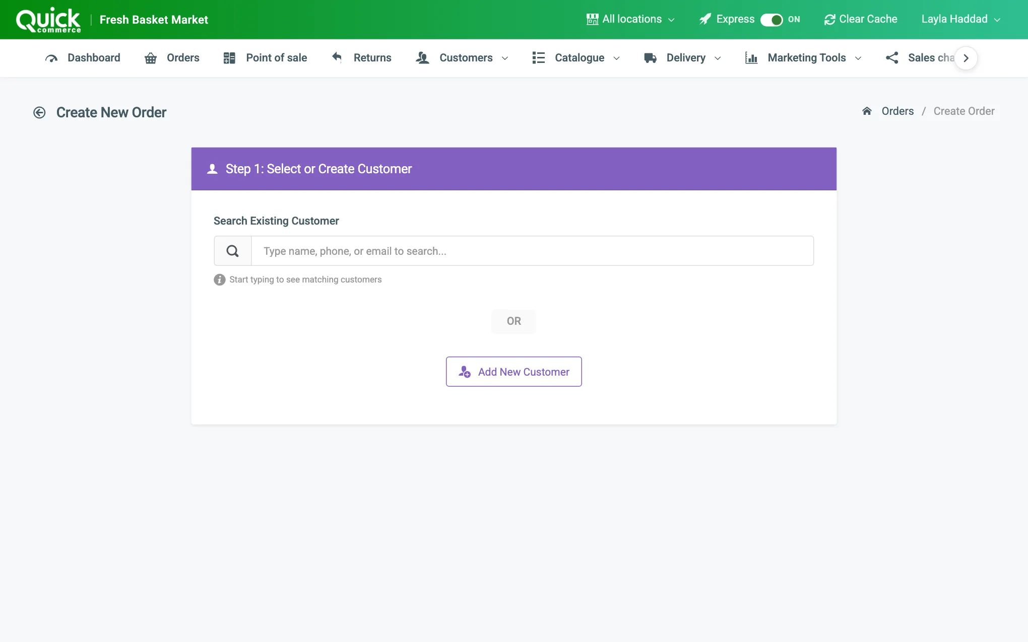 The Create New Order page, starting with the customer step