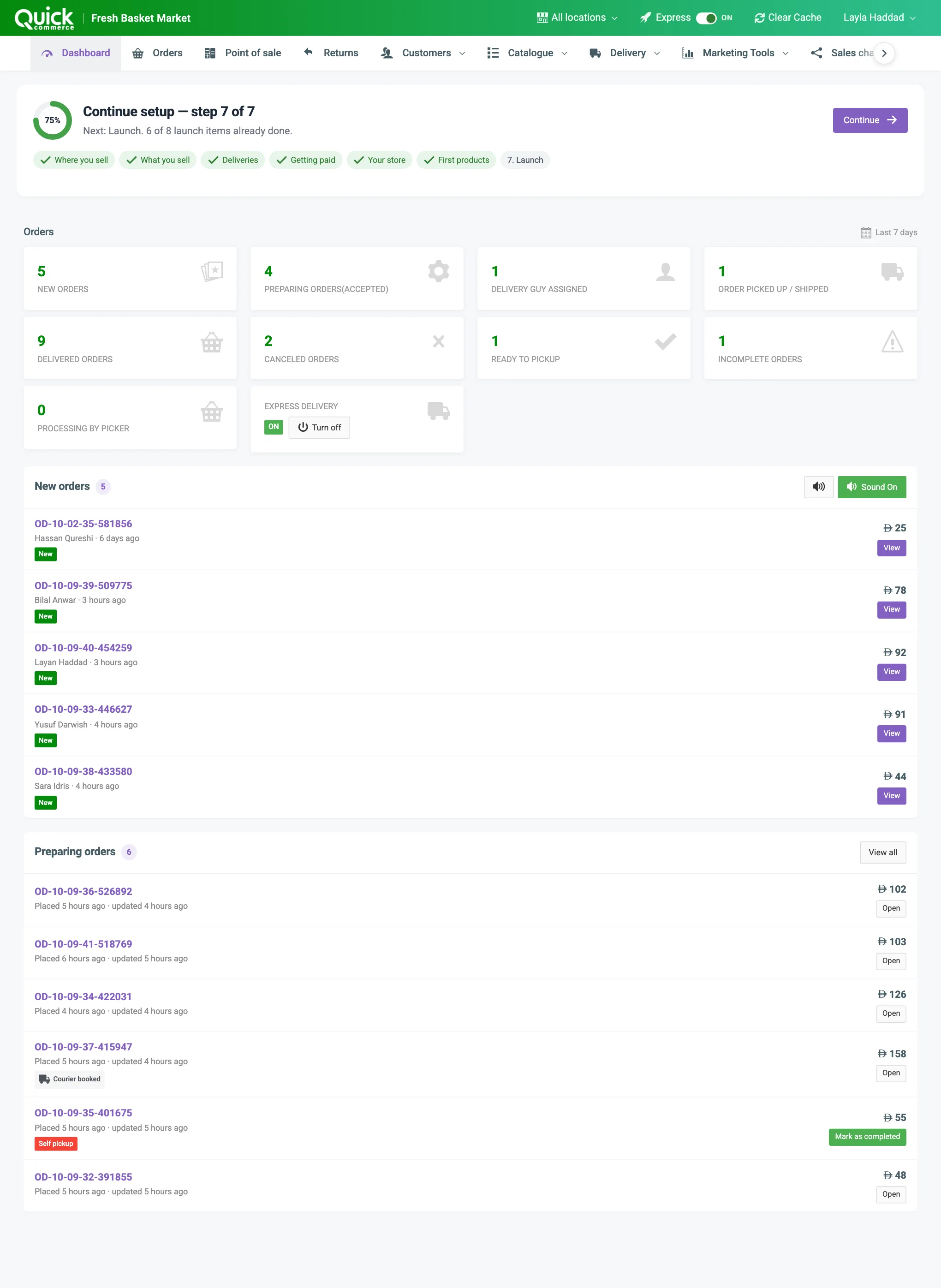 The dashboard with the Orders status tiles and the New orders and Preparing orders panels