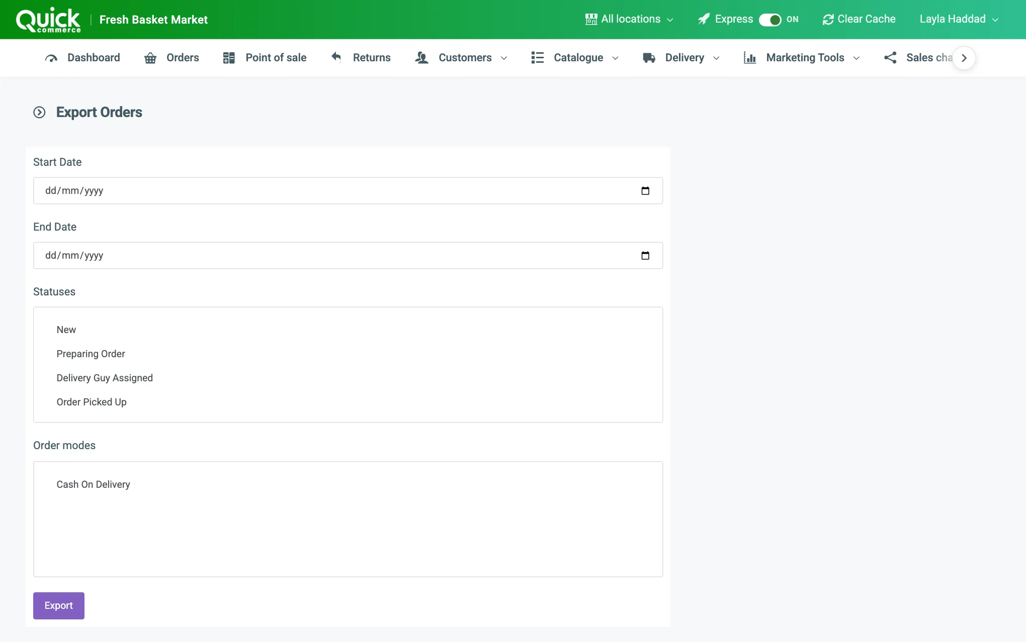 The Export Orders form with the dates, Statuses and Payment methods