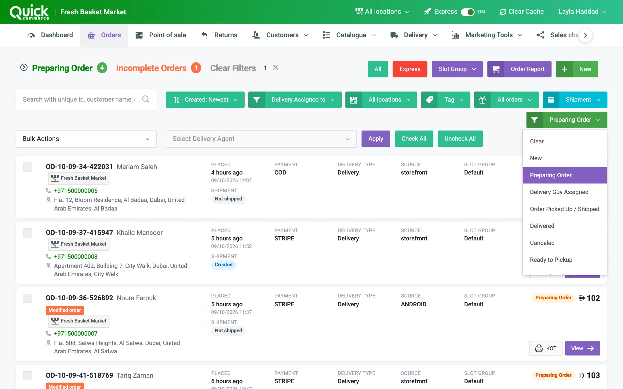 The search box and the filter buttons above the orders list, with the Order Status menu open