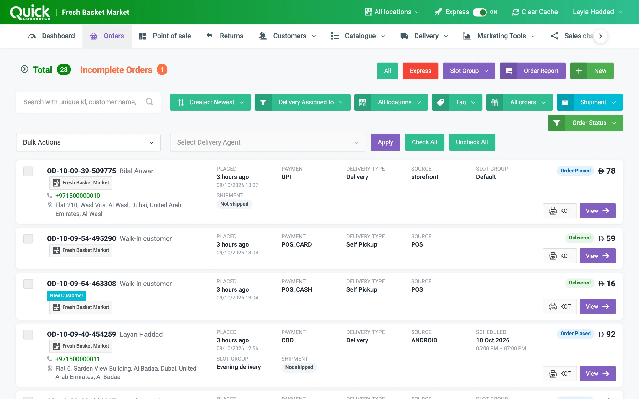 The Orders page: counts in the title, header buttons, search, filters and order cards
