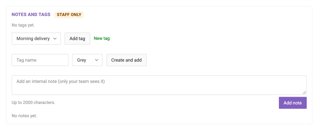 The Notes and tags card with a tag, the Add tag controls and an internal note