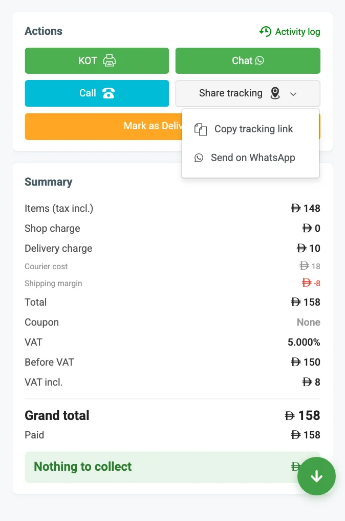 The Share tracking menu in the Actions card