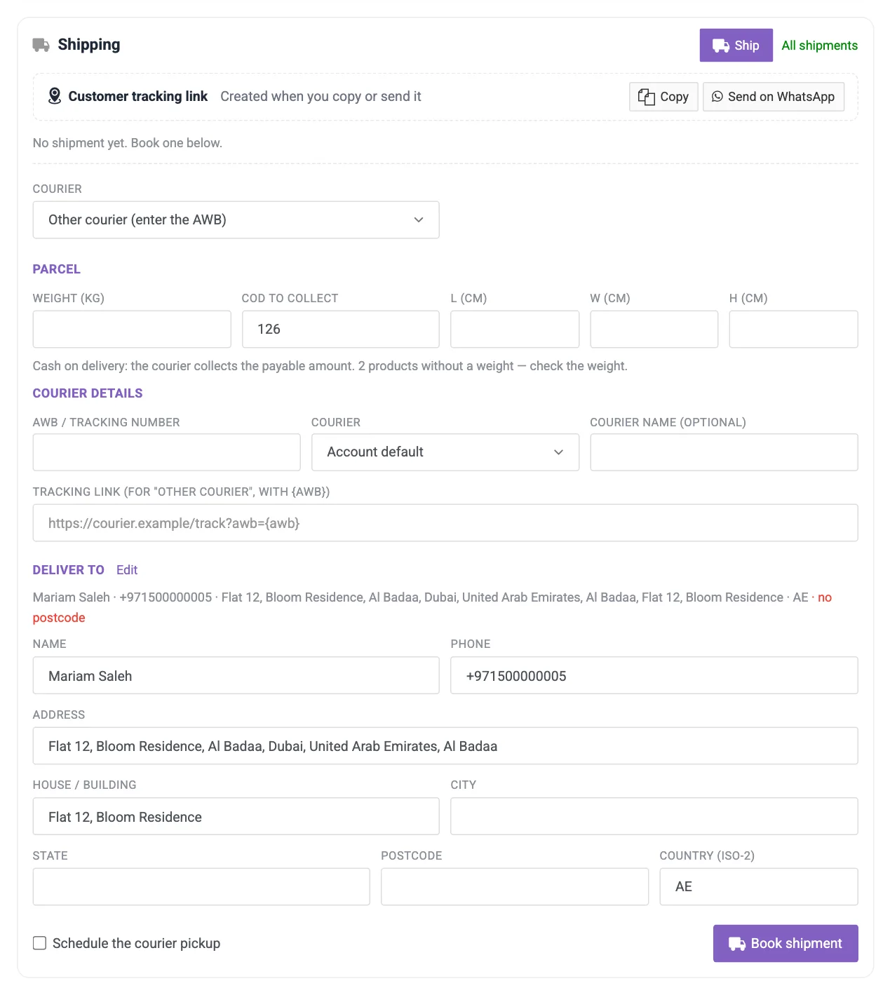 The Shipping card on an order with the booking form open