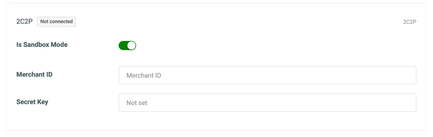 The 2C2P connection card on the Payment Gateways tab