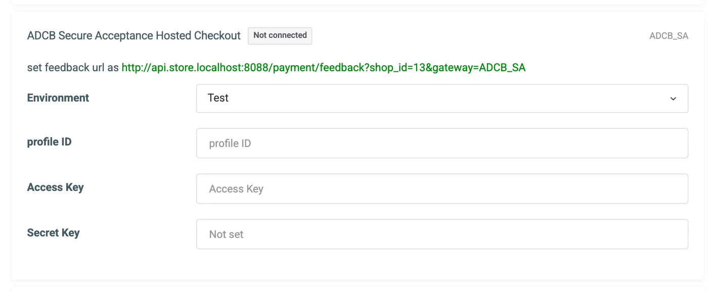 The ADCB Secure Acceptance Hosted Checkout connection card on the Payment Gateways tab