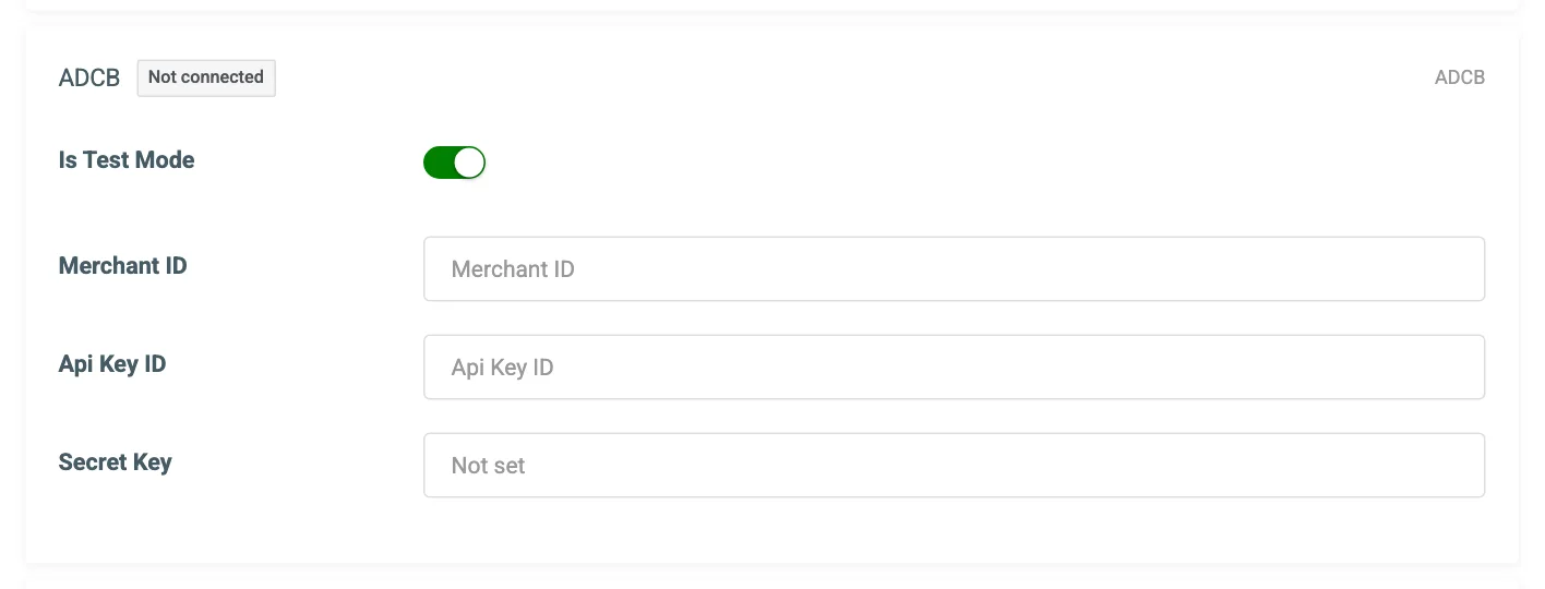 The ADCB connection card on the Payment Gateways tab