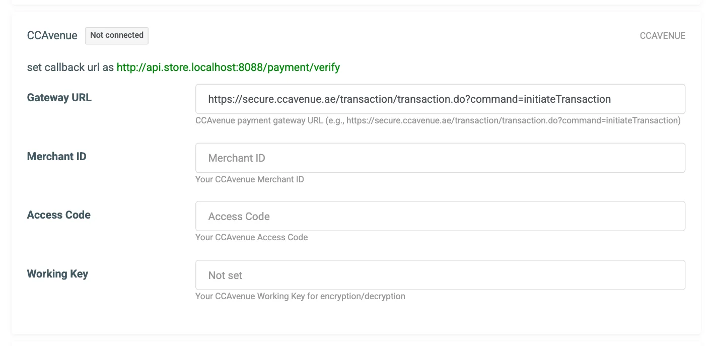 The CCAvenue connection card on the Payment Gateways tab