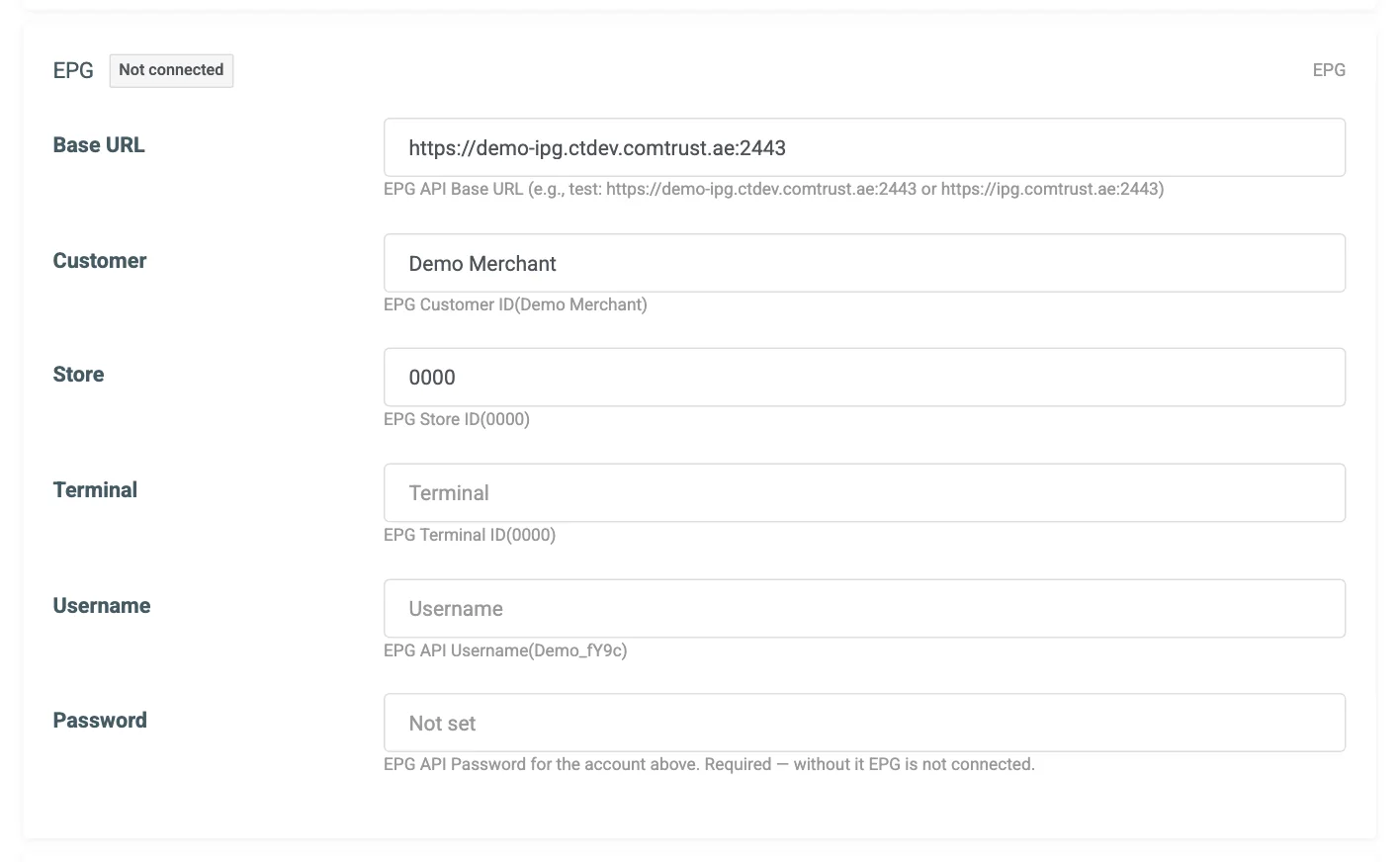 The EPG connection card on the Payment Gateways tab