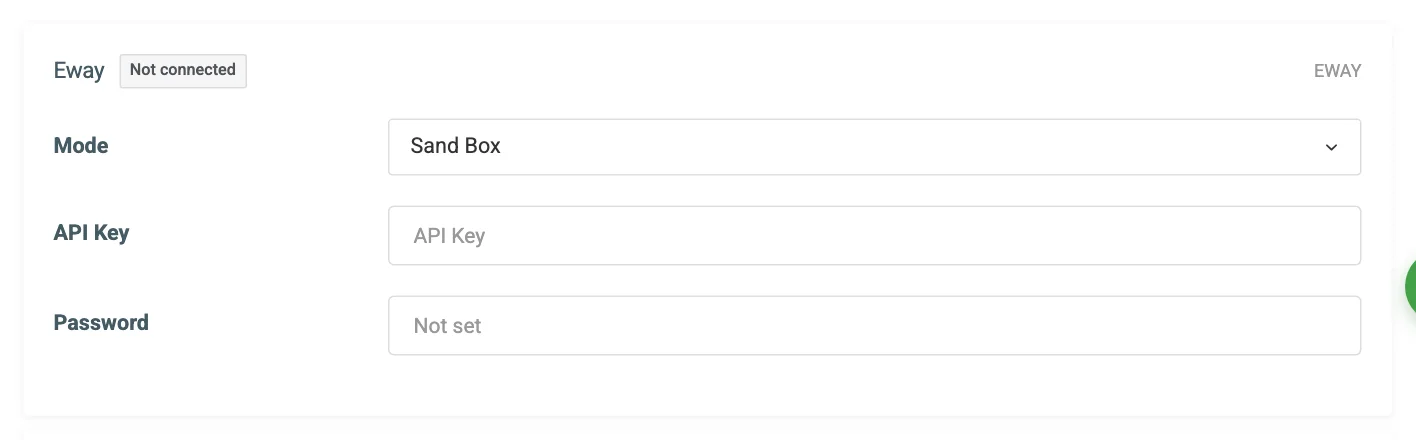 The Eway connection card on the Payment Gateways tab