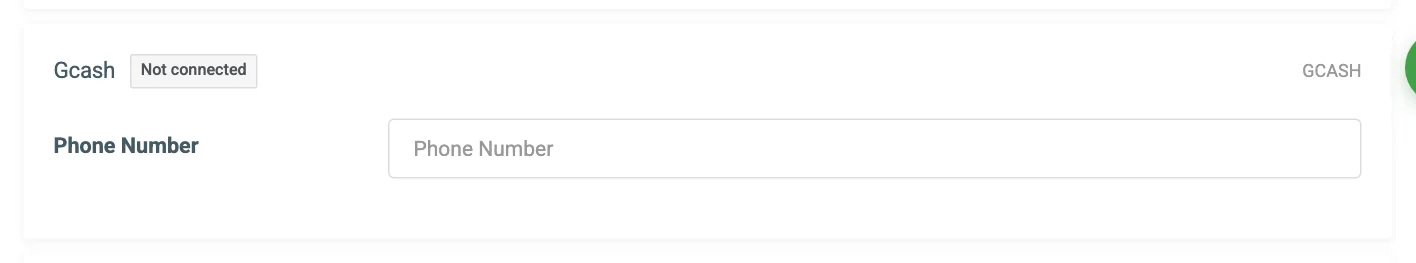 The Gcash connection card with the Phone Number field