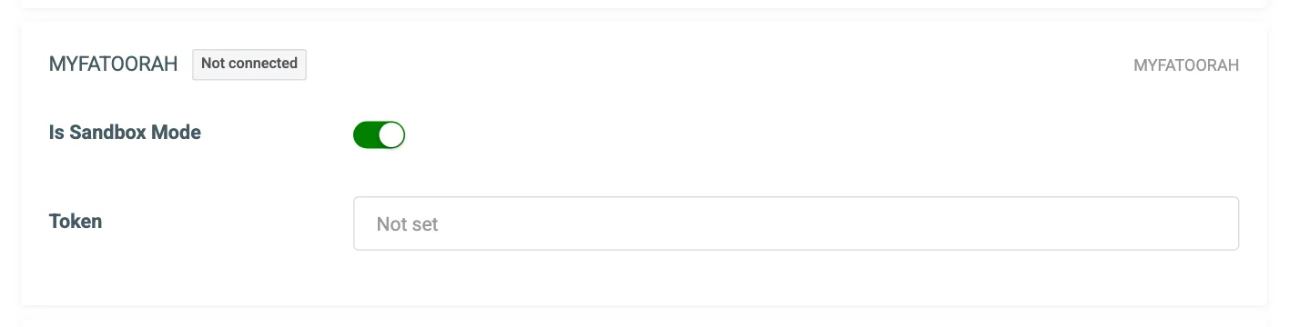 The MYFATOORAH connection card on the Payment Gateways tab