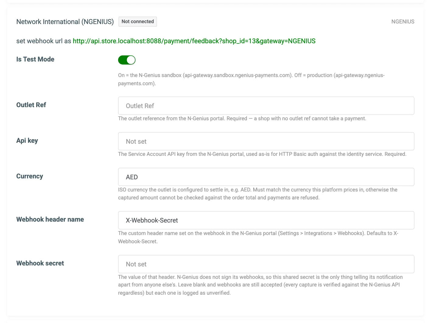 The Network International (NGENIUS) connection card on the Payment Gateways tab