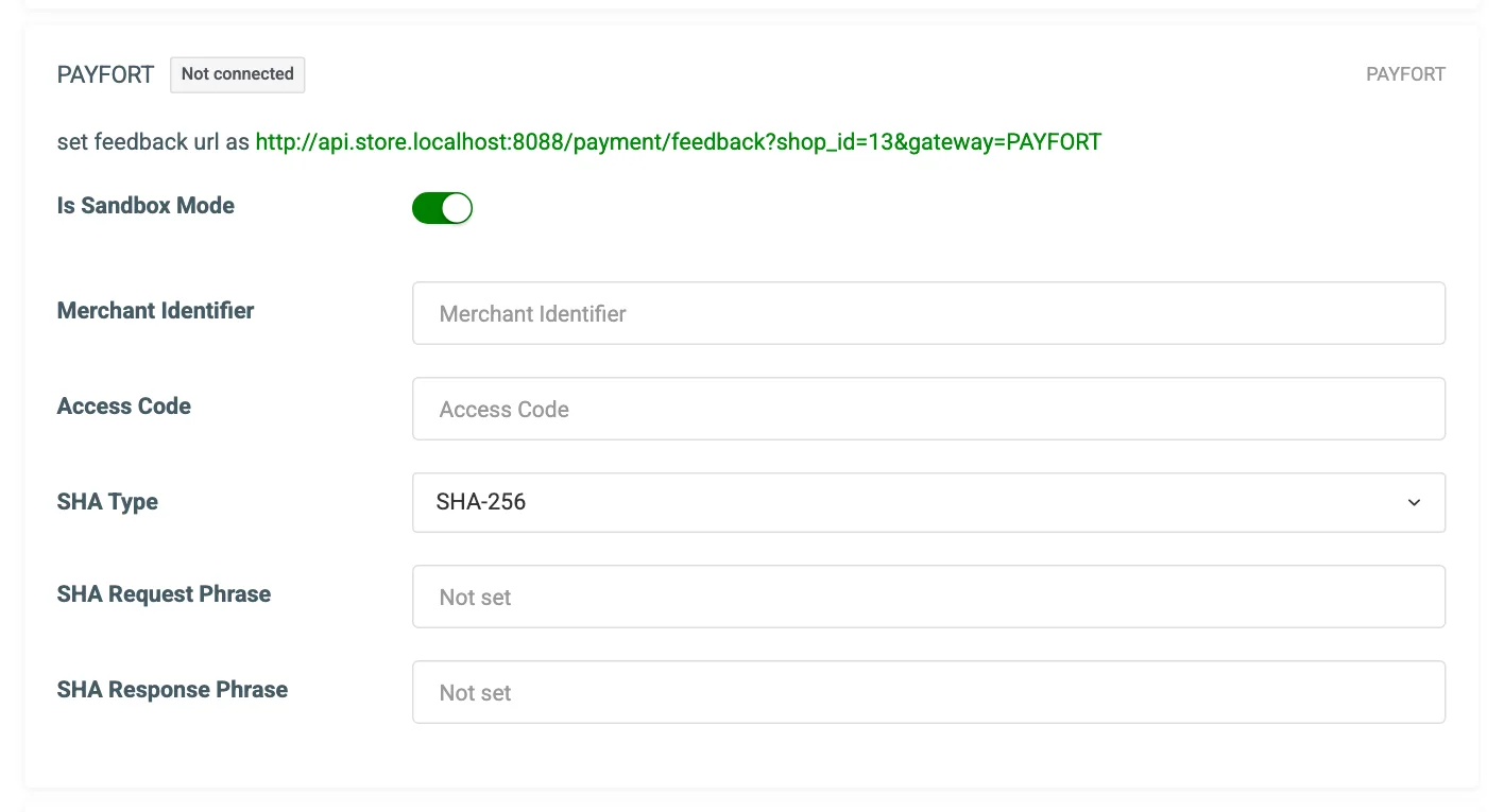 The PAYFORT connection card on the Payment Gateways tab
