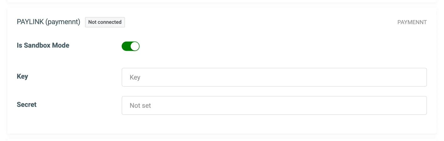 The PAYLINK (paymennt) connection card on the Payment Gateways tab
