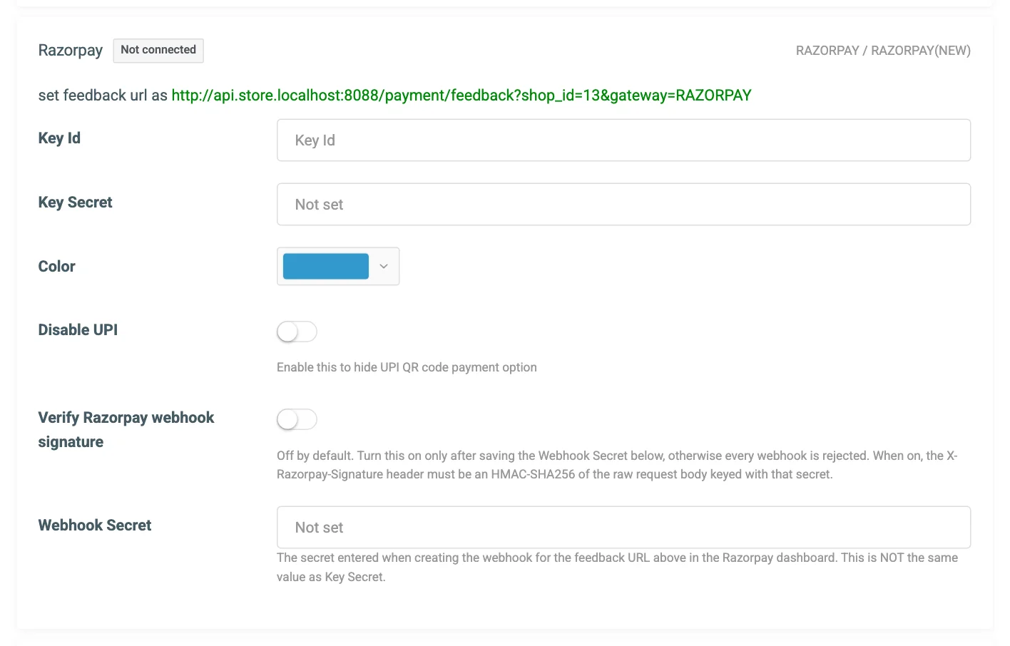 The Razorpay connection card on the Payment Gateways tab