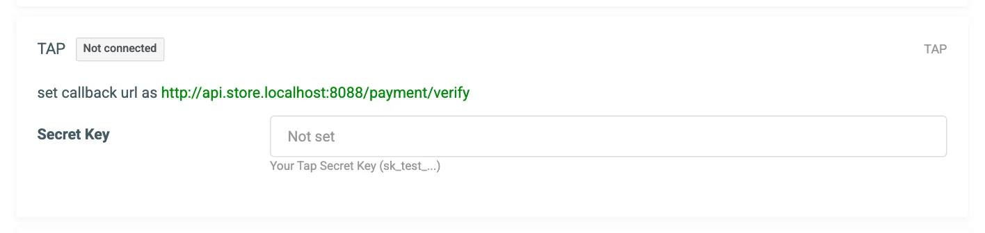 The TAP connection card on the Payment Gateways tab