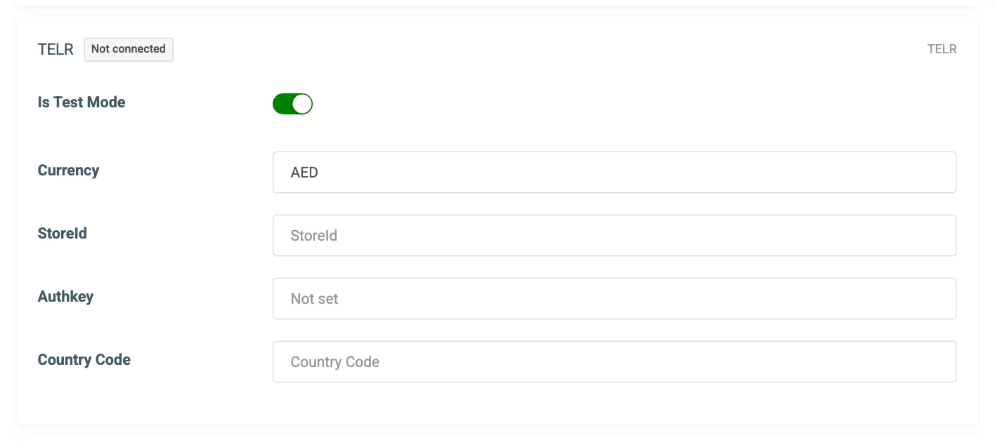 The TELR connection card on the Payment Gateways tab