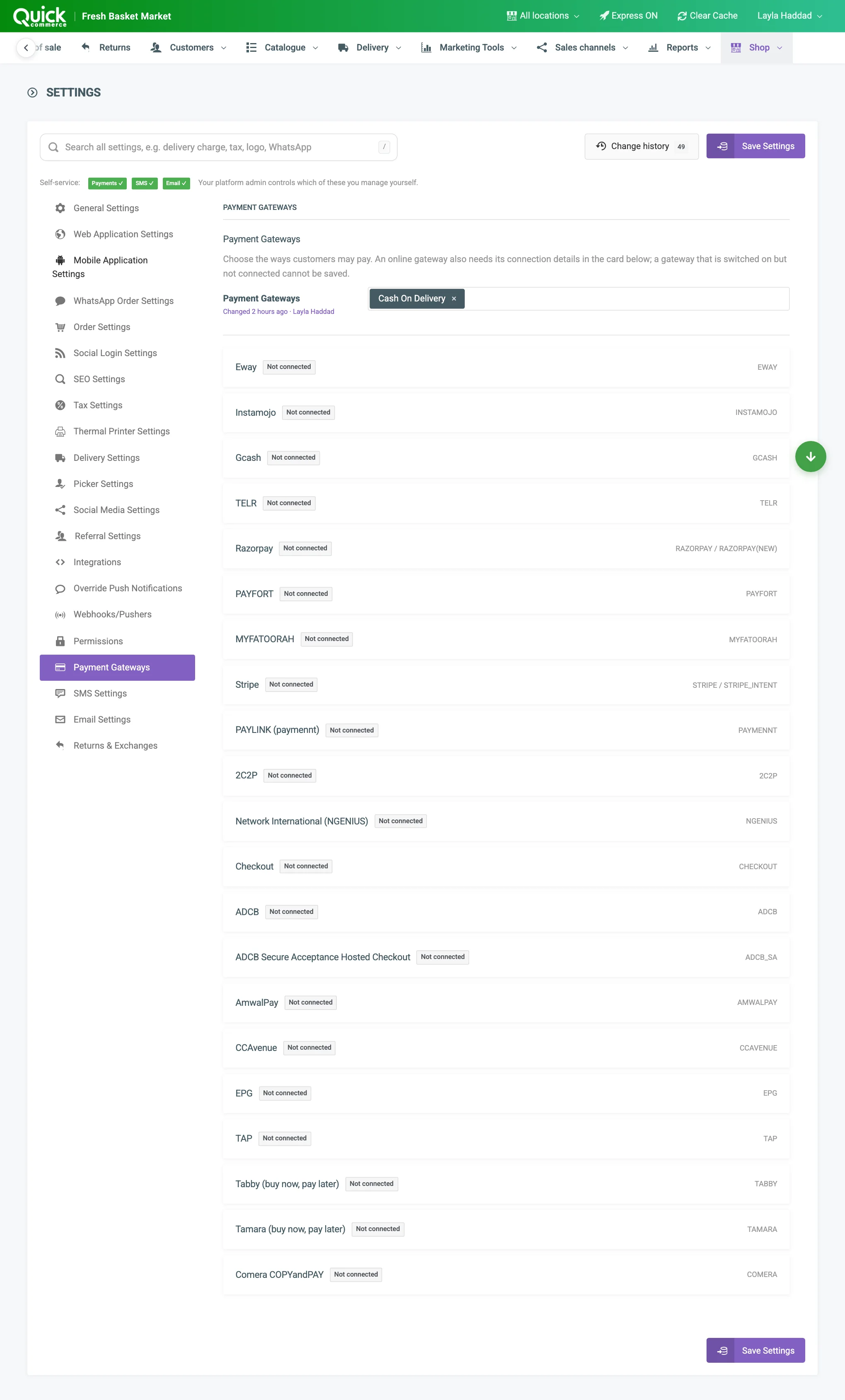 The Payment Gateways tab with the method list and the gateway cards