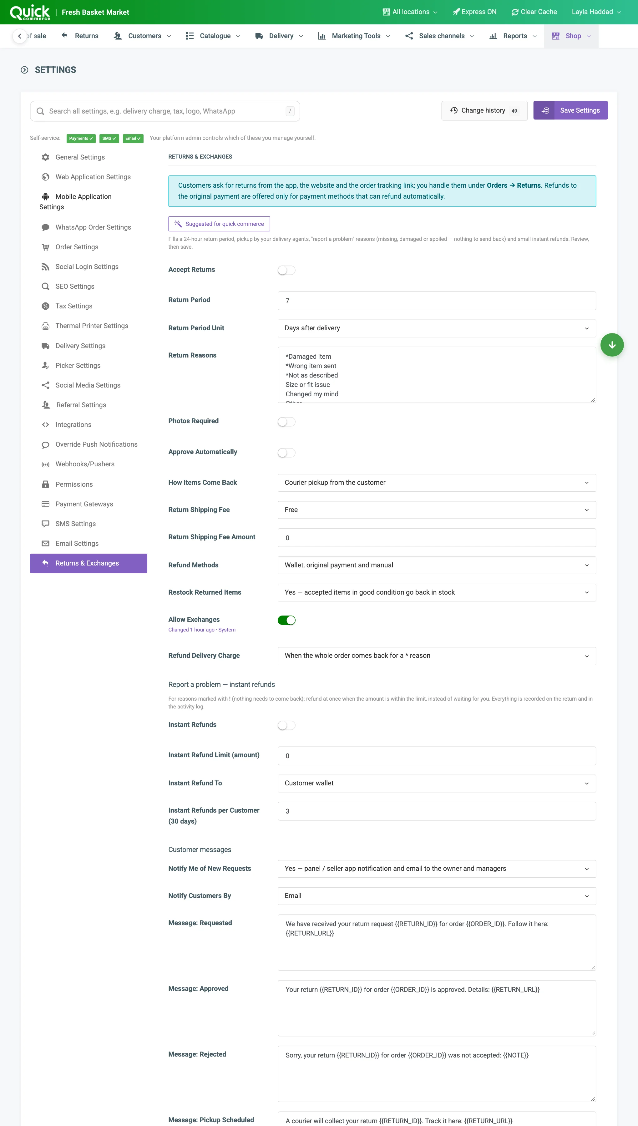The refund fields on the Returns & Exchanges settings tab
